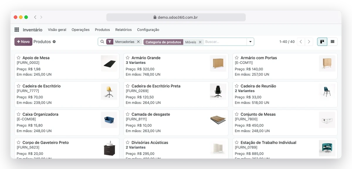 Catálogo de produtos do Odoo180 com preço e quantidade em estoque