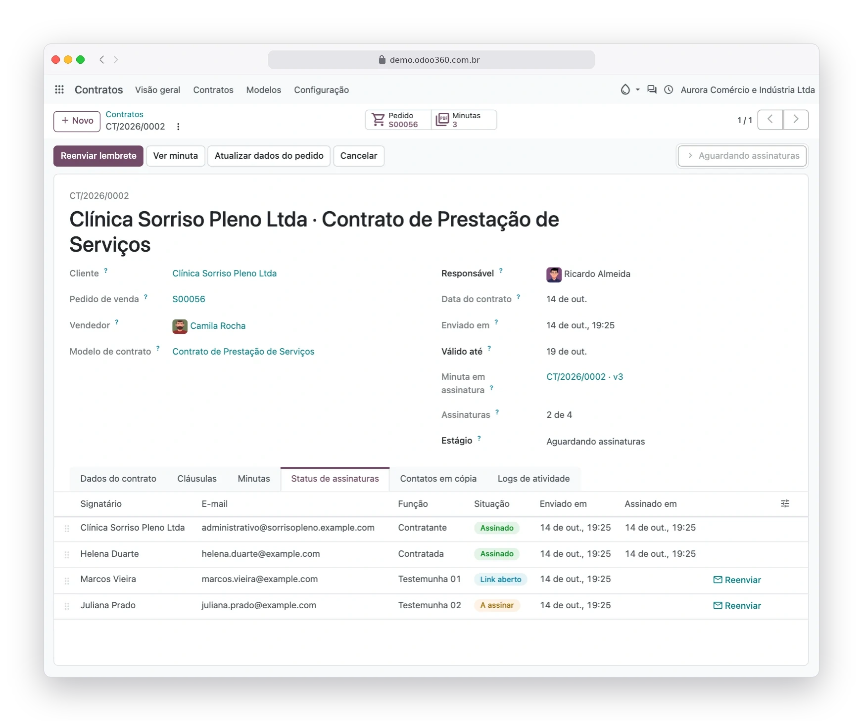 Status de assinaturas do contrato no Odoo180 com signatários assinados, link aberto e a assinar