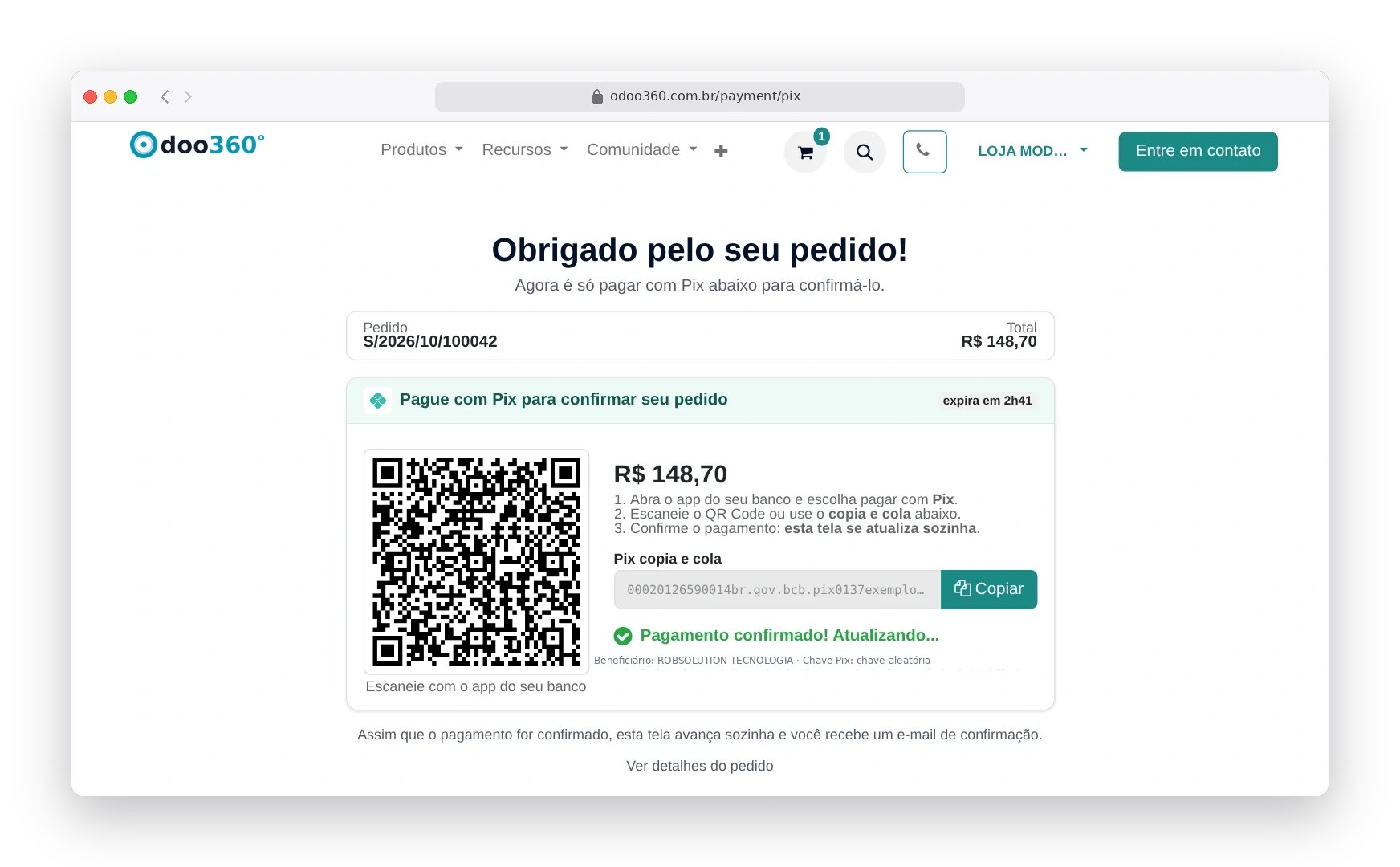 Tela do Pix no Odoo180 com o pagamento confirmado: a página avança sozinha para os próximos passos