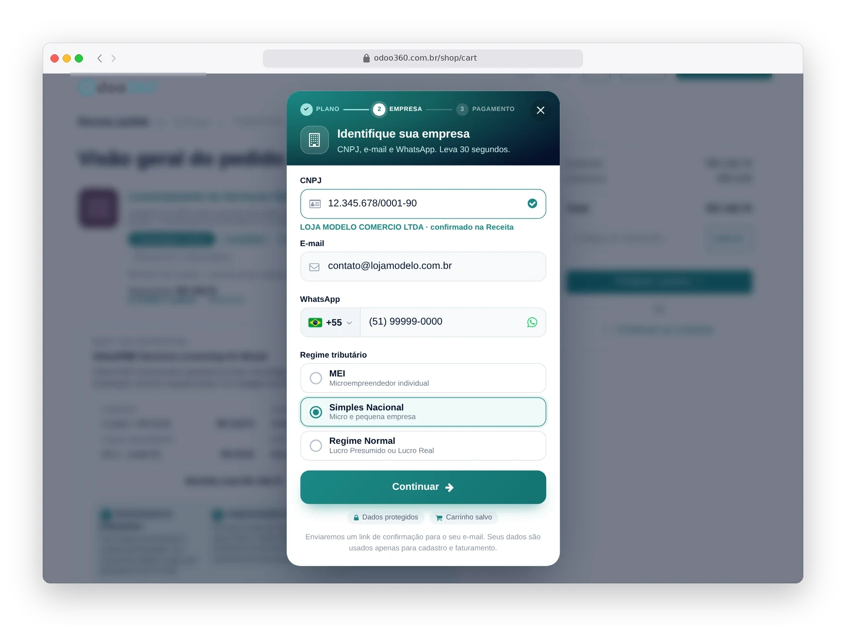 Janela de cadastro rápido do Odoo180 pedindo CNPJ, e-mail e regime tributário com as opções MEI, Simples Nacional e Regime Normal