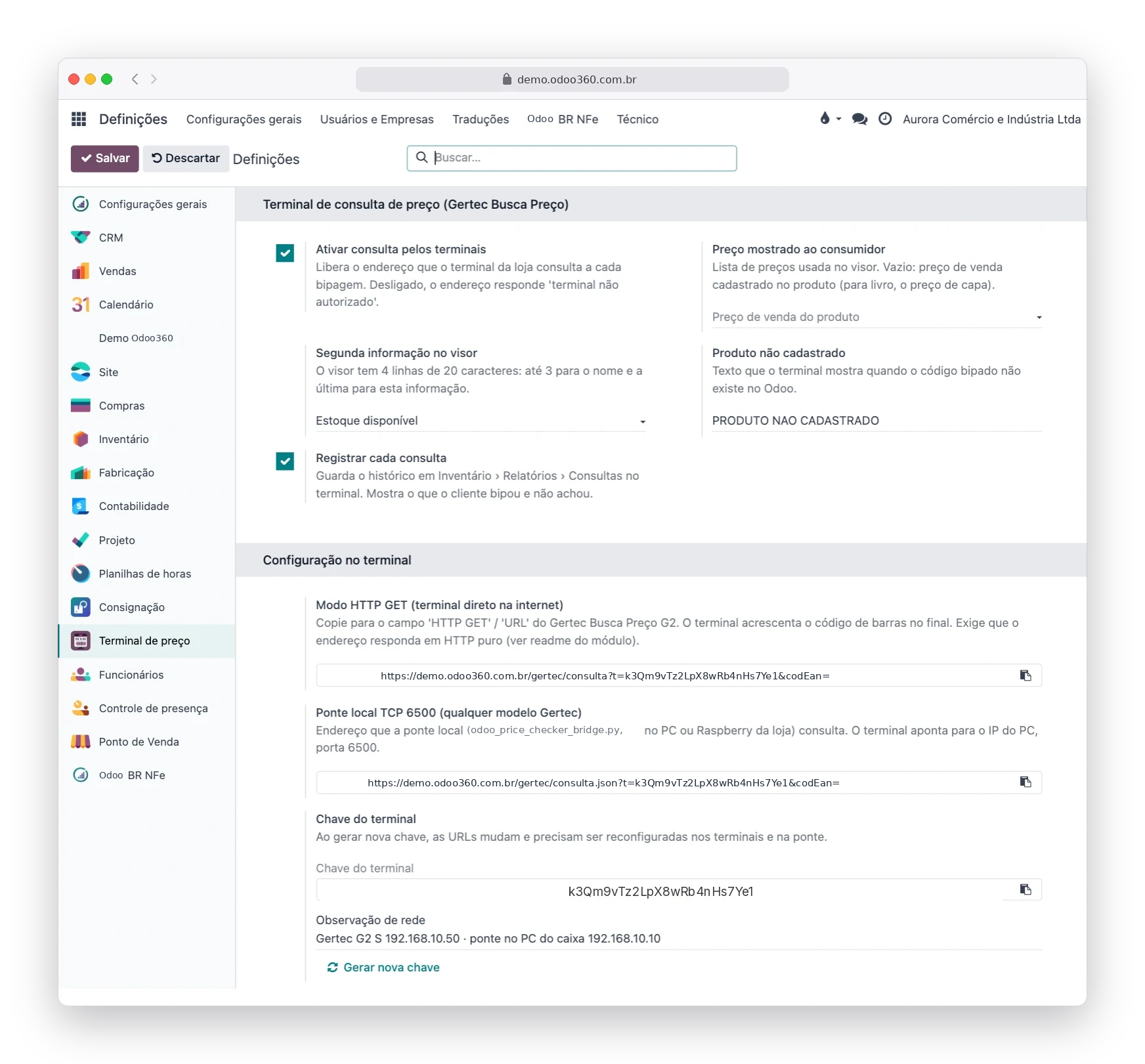 Tela de Definições do Odoo180 com a configuração do terminal de consulta de preço