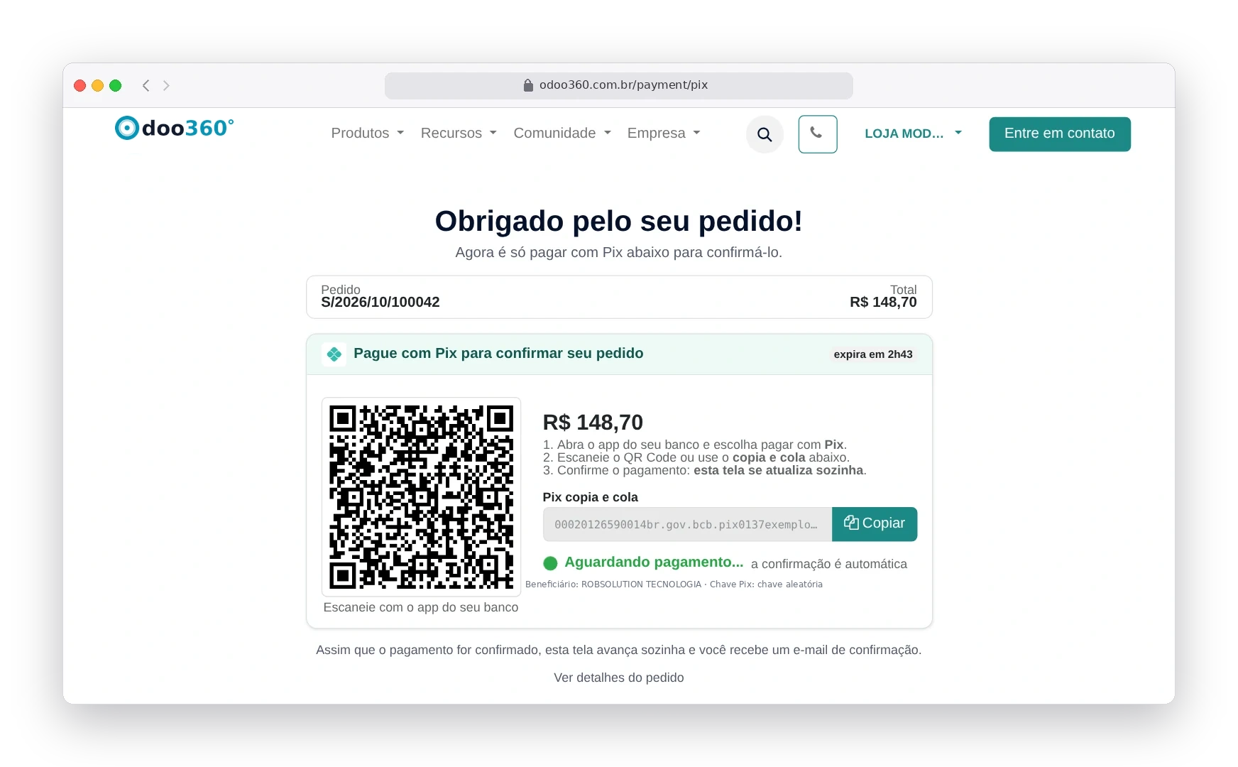 Tela do Pix gerado no Odoo180 com QR Code, valor, código copia e cola e status aguardando pagamento