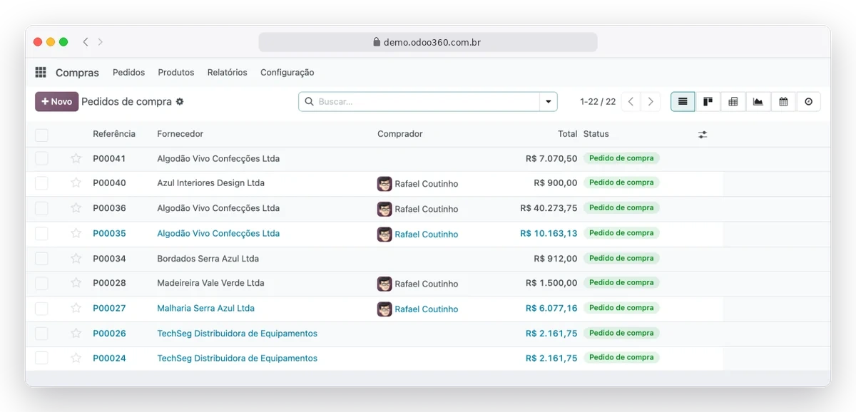 Tela de pedidos de compra do Odoo180 com fornecedores, totais e status