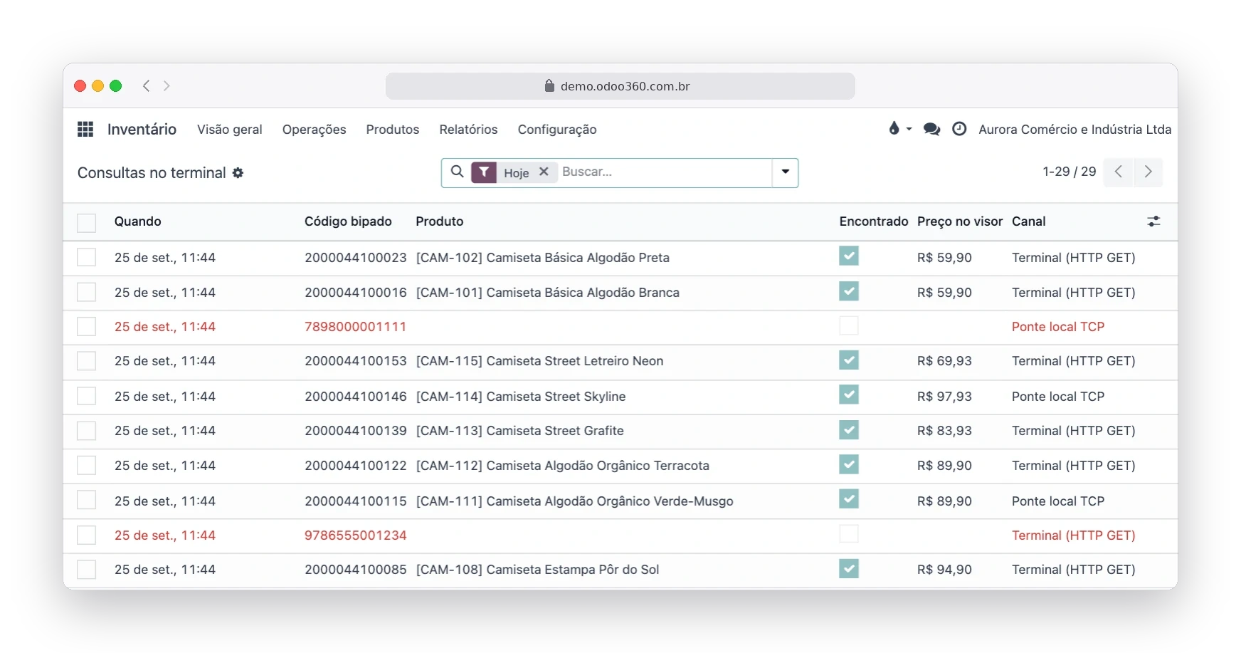 Relatório Consultas no terminal do Odoo180 com as bipagens do dia, preço mostrado e códigos não encontrados
