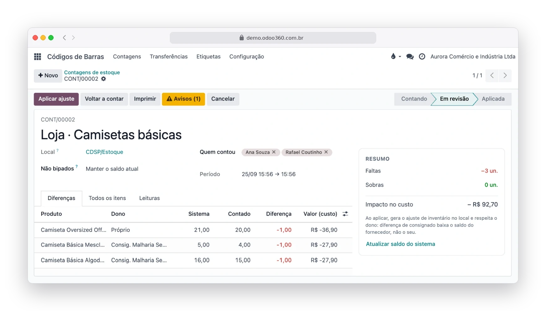 Revisão de uma contagem de estoque no Odoo180 com diferenças por produto, faltas, sobras e impacto no custo