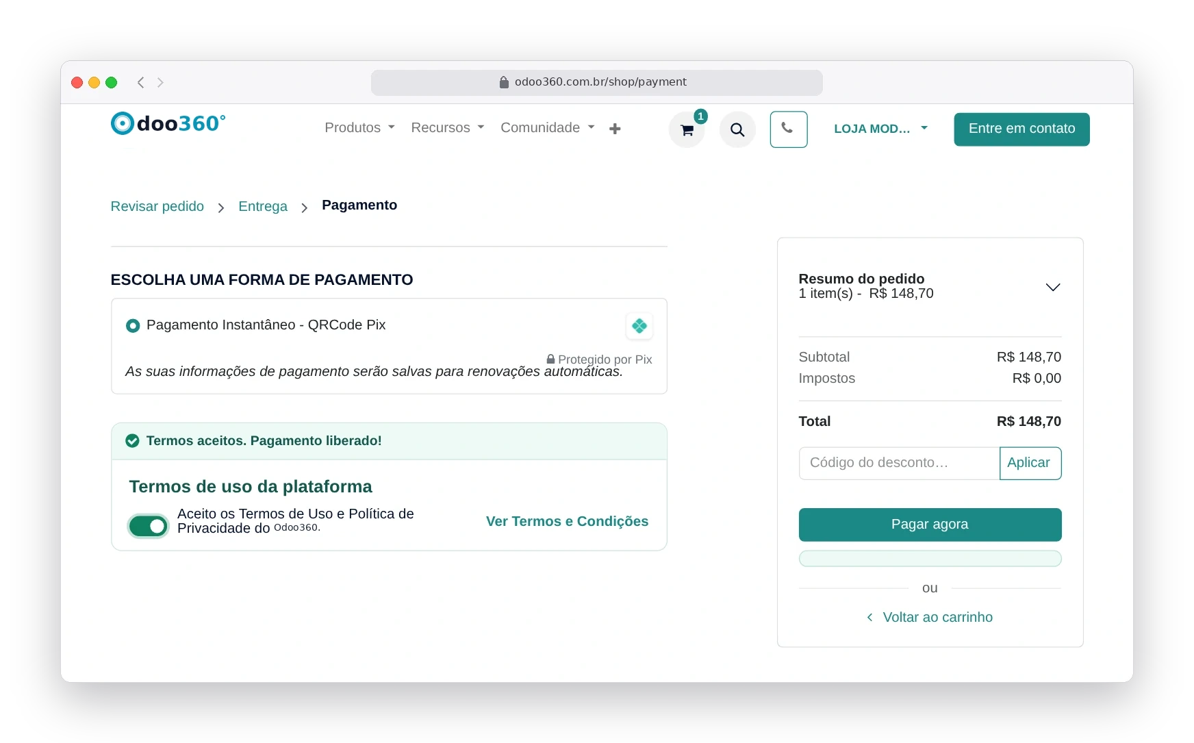 Tela de pagamento do Odoo180 com Pix selecionado, termos de uso aceitos e botão Pagar agora liberado