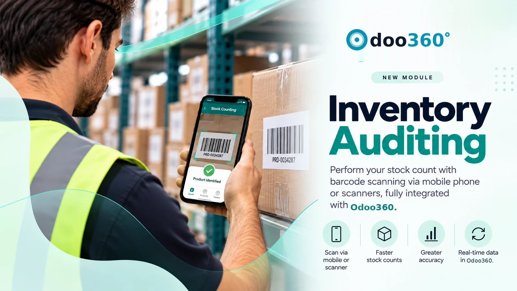 Warehouse worker scanning a box label with a phone for Odoo180 inventory auditing
