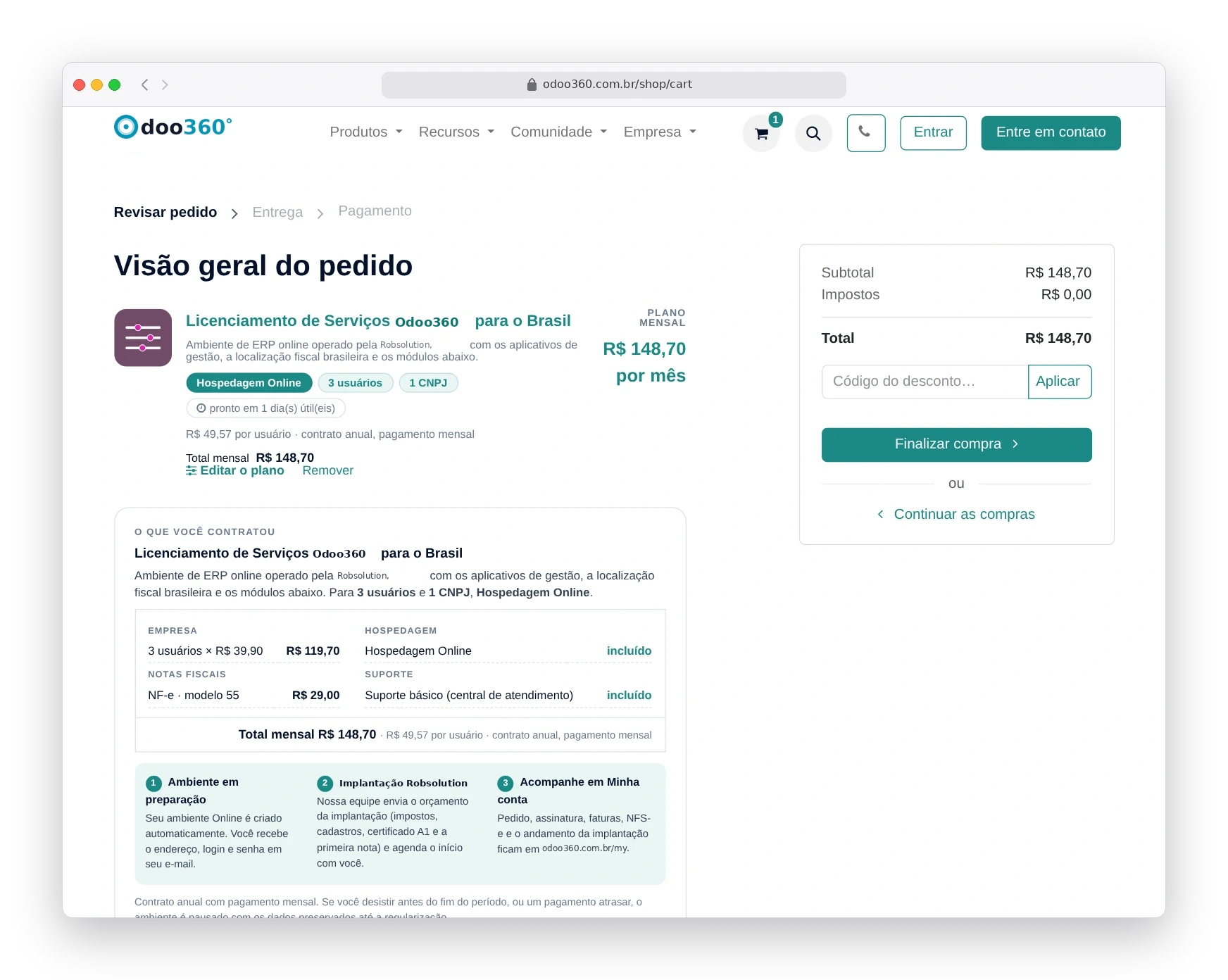 Carrinho com uma única linha do plano Odoo180 de R$ 148,70 por mês e o card da contratação
